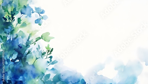 Fototapeta Naklejka Na Ścianę i Meble -  Watercolor floral border frame, blue and green flowers on the left side of an empty white background, 