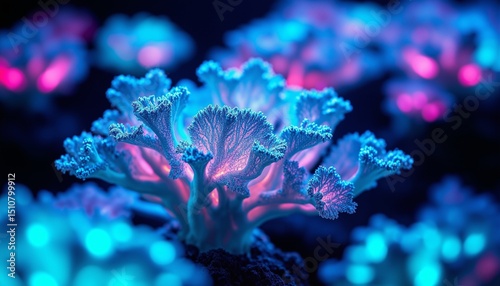 Bioluminescent Coral Reef Glows With Electric Blue And Magenta Light Against Dark Background photo