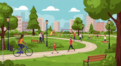 A vibrant park scene with people enjoying various activities amidst lush greenery and city buildings