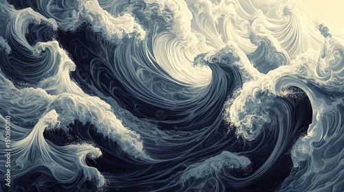 Graceful marine landscape with grand swirling waves in an artistic, detailed illustration. Each line and ripple contributes to the depth and drama, evoking awe and tranquility in equal measure.