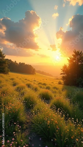 Golden sunlight streams through fluffy clouds onto a tranquil landscape, painting the scene in warm, inviting hues Perfect for travel, relaxation, and positive vibes imagery , mountains, warm, orange