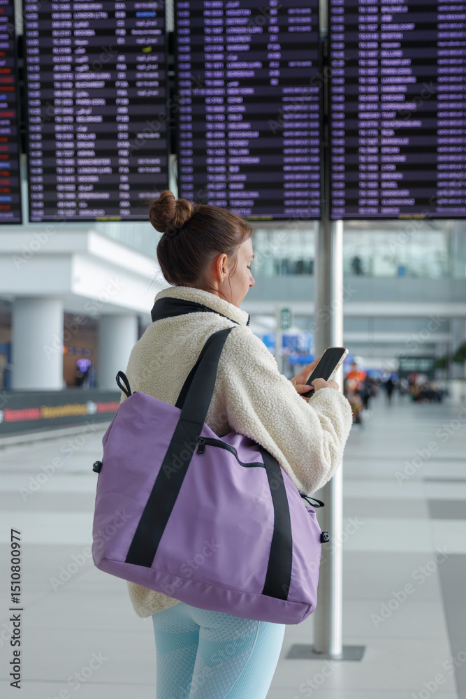 Obraz premium A young traveler stands in a modern airport terminal, checking flight information on a mobile device while holding a large purple bag. The digital display shows various flight statuses.