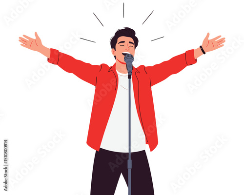Enthusiastic Man Singing into Microphone During Dynamic Performance at Concert Event