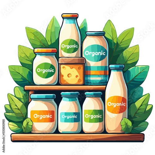 Organic farm fresh dairy products on wooden shelf