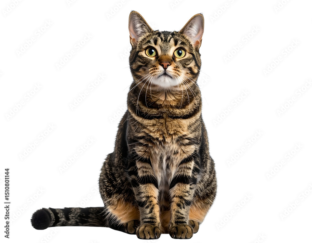 Fototapeta premium Curious Tabby Cat Looking Up with Bright Eyes, Front Angle, isolated on a transparent background