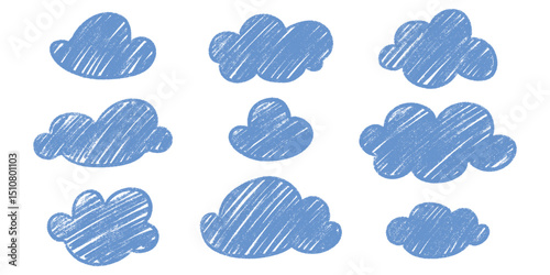 Chalk crayon cloud kid sketch assortment - delightful naive wobbly contours isolated design elements. Shabby chic filler images unpolished texture. Rough scribble frames hand drawn accents.
