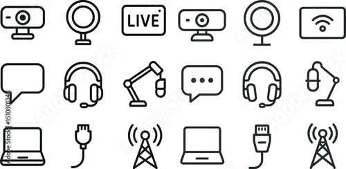 Digital communication and streaming icons set for online broadcast and podcasting design