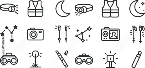 Outdoor adventure equipment and astronomy icons for hiking and stargazing