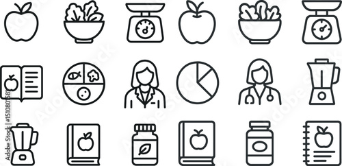 Nutrition and healthy eating icons for food and wellness design