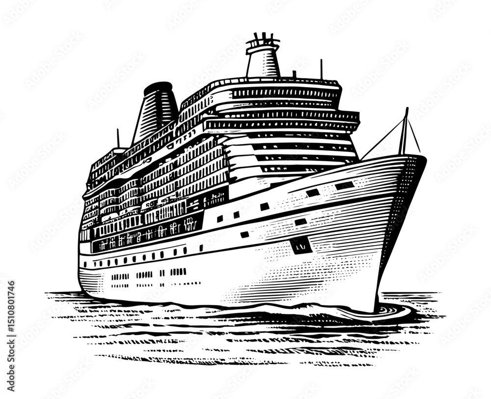 Obraz premium Vintage Cruise Ship Woodcut Illustration in Black and White