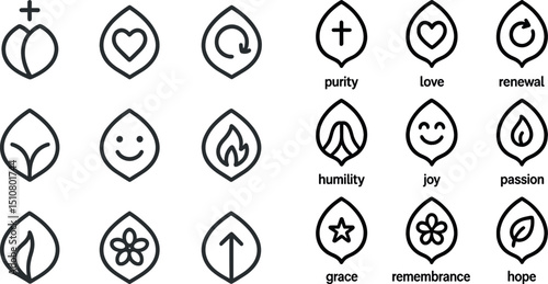 Minimalist icons representing purity, love, joy, and hope for inspirational designs