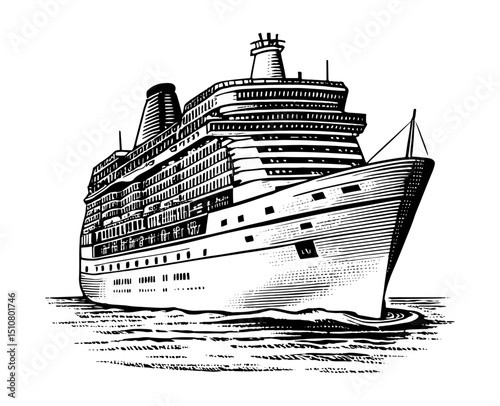 Vintage Cruise Ship Woodcut Illustration in Black and White