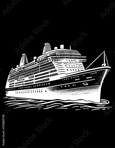 Cruise Ship Linocut Style Illustration in Black and White