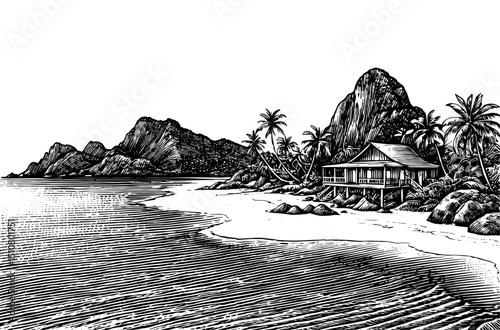 Tropical Beach Bungalow Woodblock Vintage Illustration in Black and White