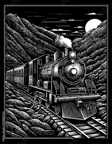 Steam Train at Night in Mountains Woodcut Illustration in Black and White Vintage