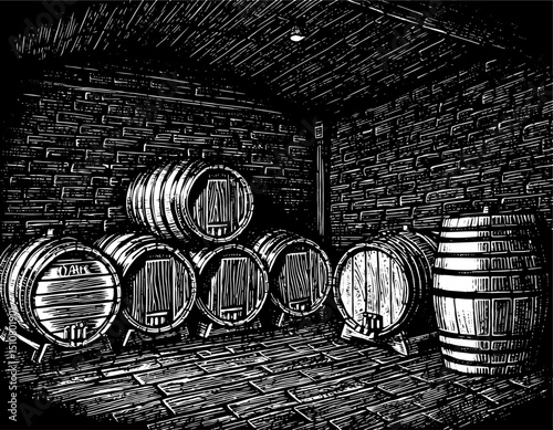 Wine cellar with oak barrels in woodcut illustration style, black and white.