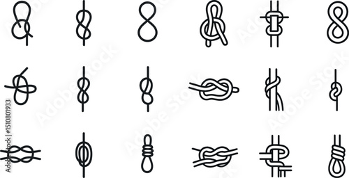 Set of various rope knots in minimalist line art for outdoor and nautical themes