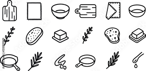 Kitchen icons set featuring cooking tools and ingredients clipart