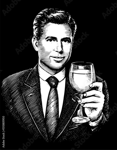 Man in suit, holding a wine glass, Vintage woodblock style, Black and White Illustration
