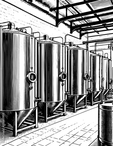 Brewery Interior with Fermentation Tanks in Woodcut Style, Black and White, Vintage Beer Brewing Process