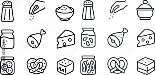 Assorted black and white icons of salty snacks and food ingredients