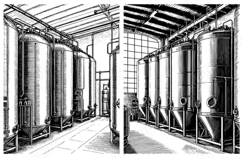 Brewery Interior with Tanks in Woodblock Print Style, Black and White, Industrial Beer Production