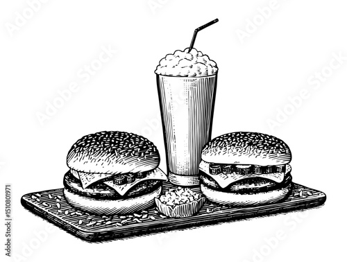 Cheeseburgers and Milkshake in Woodcut Style, Black and White