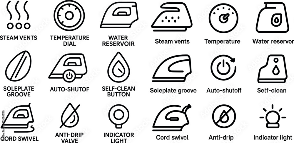 Fototapeta premium Icons for home appliance functions and features in black and white design