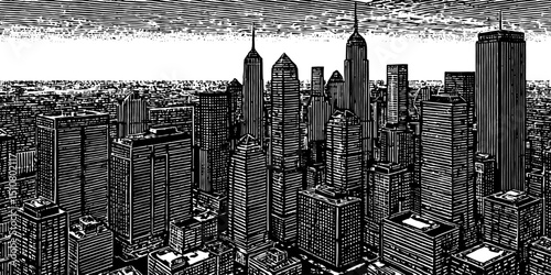 New York City Skyline in Woodcut Illustration Style, Black and White, Vintage View of NYC's Architecture
