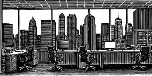 Office with Cityscape View in Woodblock Print Style, Black and White, Vintage style