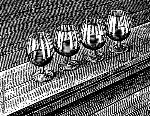 Wine Glasses in Woodblock Print Style, Black and White, Wine Tasting