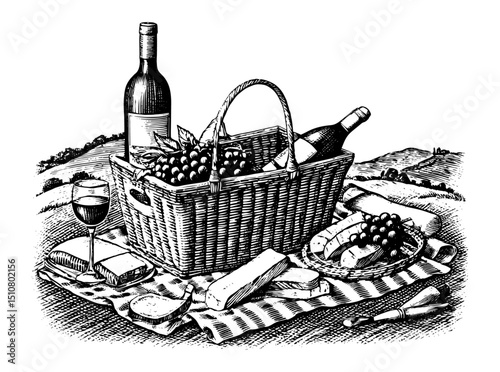 Picnic Basket with Wine, Cheese, and Bread in Vintage Woodblock Style, Black and White illustration
