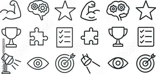 Collection of vector icons: fitness, awards, puzzle, creative ideas, goals, and vision