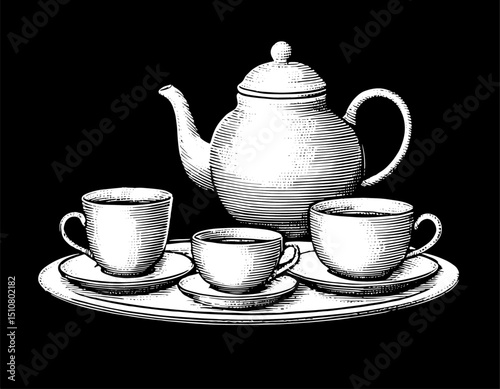 Vintage Woodblock Tea Set Illustration in Black and White against  Black Background