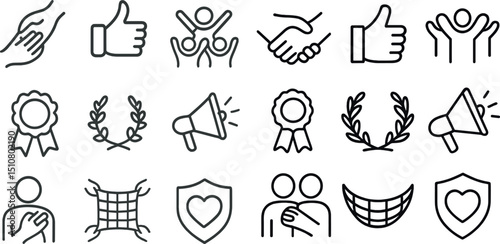 Set of outline icons for communication, trust, and success concepts