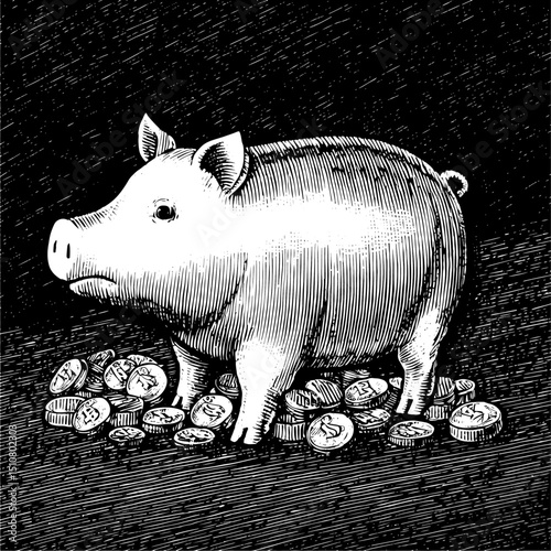 Vintage Woodcut Piggy Bank and Coins in Black and White Illustration