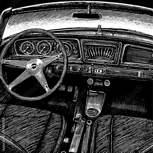 Woodblock Print Classic Car Interior Dashboard in Black and White Vintage illustration