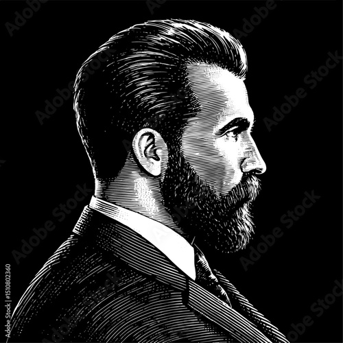 Bearded Man in Profile Portrait in Vintage Woodcut Style against Black Background