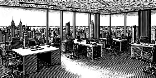 Modern Office Interior with Cityscape View Black and White Vintage Woodblock Print Style
