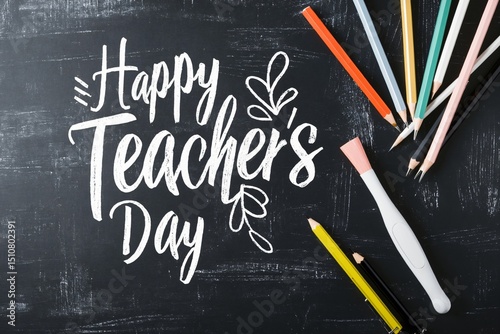 Happy Teacher's Day lettering with school pencils on chalkboard background photo