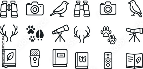 Nature observation essentials: binoculars, cameras, and wildlife icons for exploration