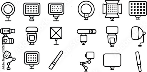 Collection of modern studio lighting equipment icons for creative projects