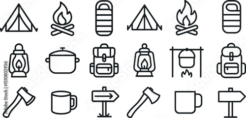 Outdoor camping icon set featuring tent, campfire, backpack, and cooking gear