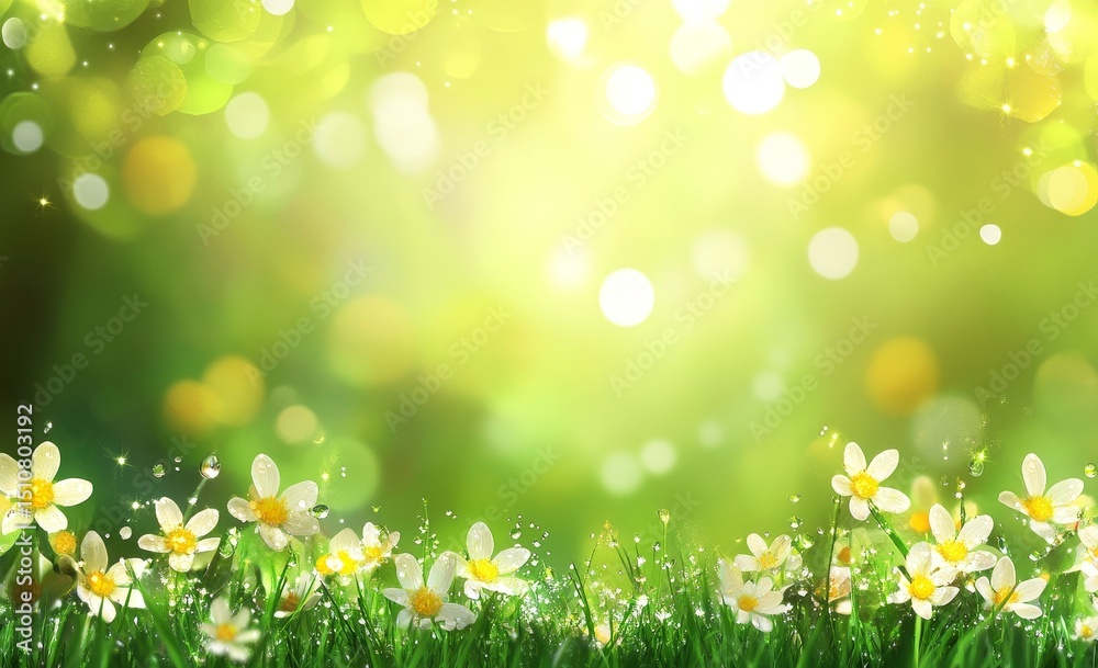 Fototapeta premium Green grass in a spring garden covered in water droplets from the rain