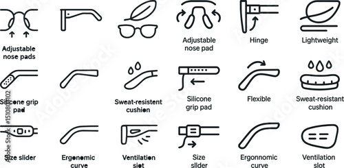 Eyewear features and accessories icons for design and product development