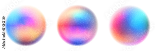 Blurred neon rainbow gradation balls with grainy texture. Spheres with soft color transitions. Red, yellow and blue bubble. Iridescent blobs. Abstract vector elements.