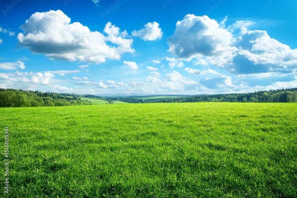 Fototapeta premium The countryside is home to a rural field or meadow with green grass, under a dramatic spring sky with white clouds and rain falling from storm clouds on a sunny day