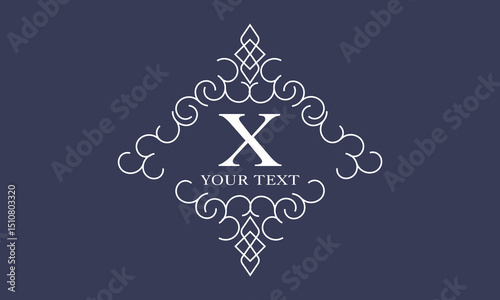 Luxury logo in vintage style with letter X in the center. Linear vector monogram, frame, label, emblem with ornament for boutique or hotel design.