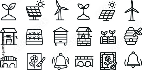 Renewable energy and sustainable farming icons for eco-friendly design