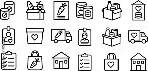 Food donation and delivery icons for charity and nonprofit organizations